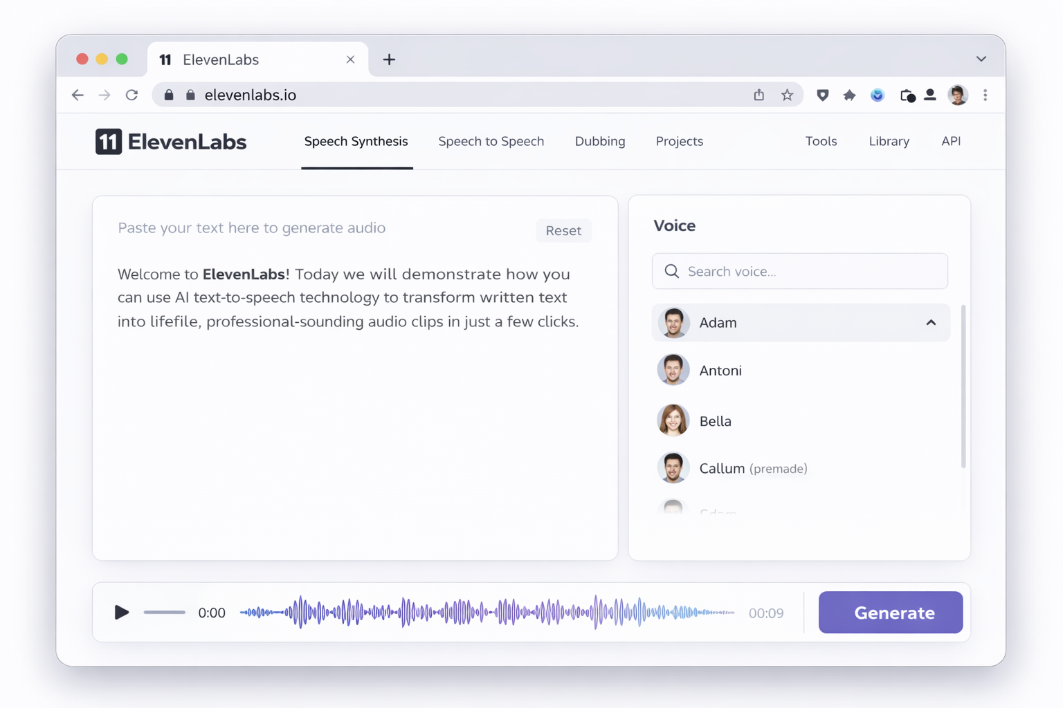 AI text to speech dashboard showing large text input, voice selection panel, waveform preview, and purple generate button in a clean SaaS interface.