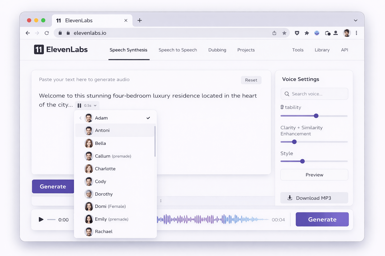 AI voice generation dashboard showing script editor, voice dropdown options, Stability Clarity Style sliders, purple Generate button, waveform preview, and Download MP3 option.
