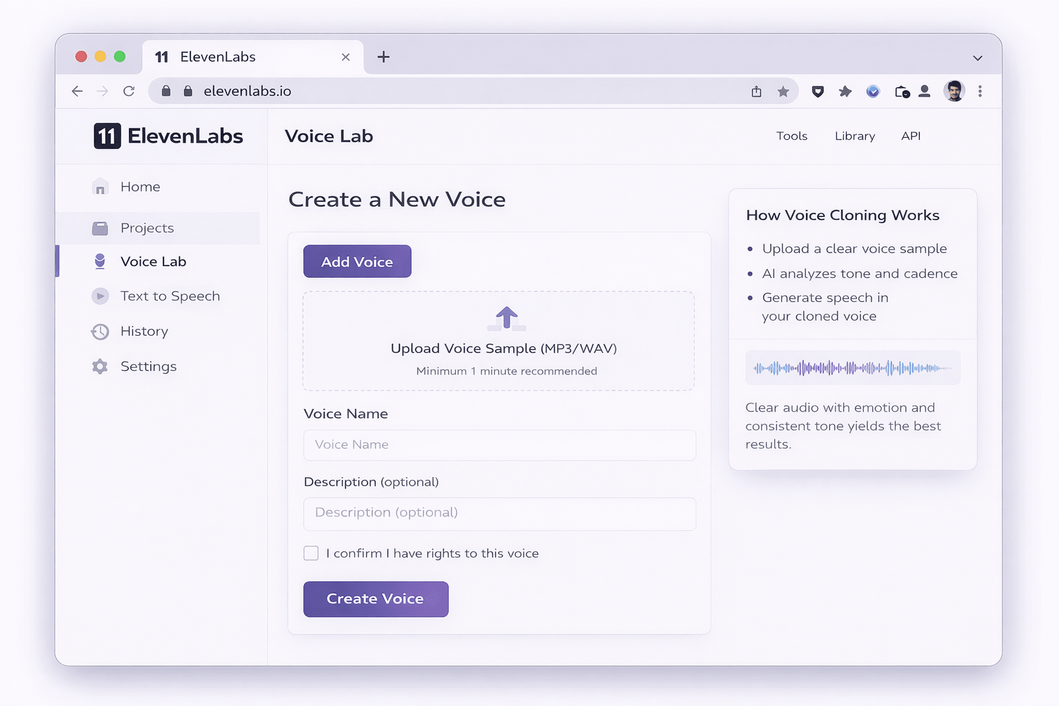 ElevenLabs Voice Lab interface showing voice cloning dashboard with upload voice sample area, voice name fields, rights confirmation checkbox, and Create Voice button.