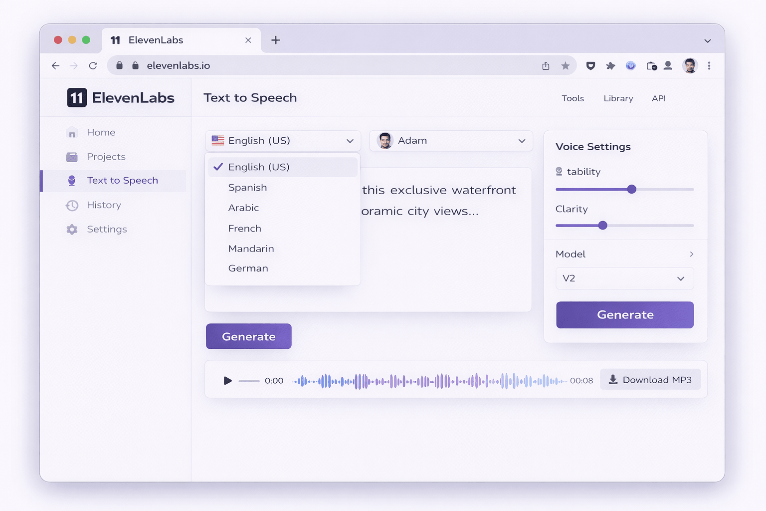 ElevenLabs Text to Speech dashboard showing language dropdown with multiple options, script editor, voice settings sliders, waveform preview, and Download MP3 button in SaaS interface.