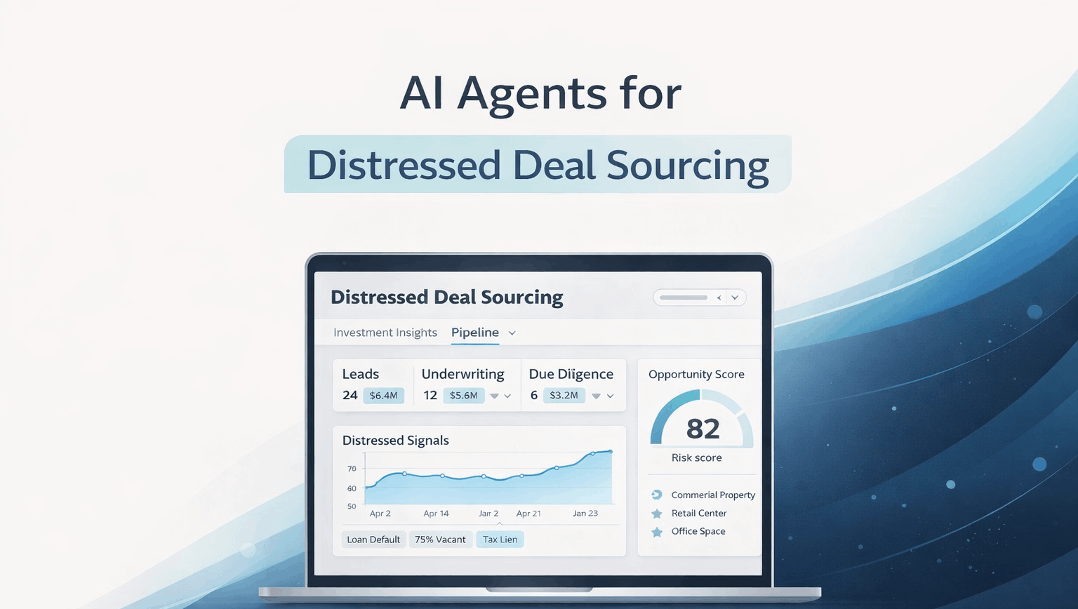 AI agents analyzing distressed commercial real estate deal data through automated sourcing dashboards showing risk indicators, predictive scoring, and acquisition opportunity detection workflows.