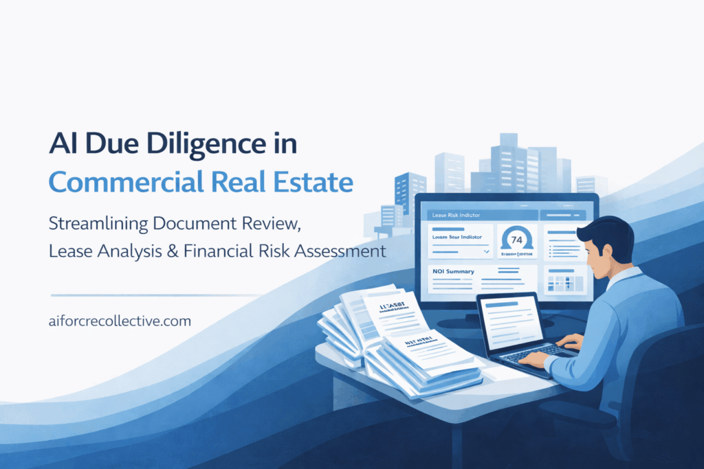 AI Due Diligence workflow infographic showing automated lease analysis, financial risk detection, and investment insights for CRE teams.