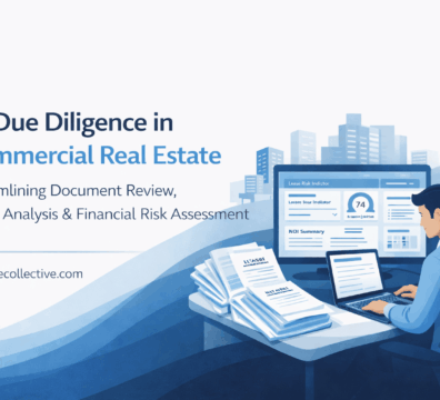 AI Due Diligence workflow infographic showing automated lease analysis, financial risk detection, and investment insights for CRE teams.