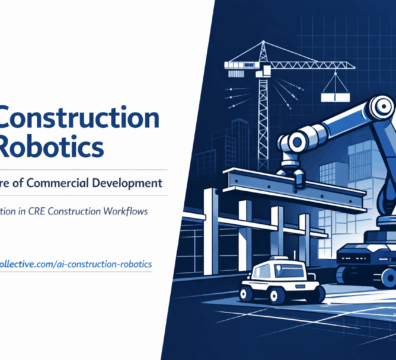 Minimalist split-background illustration of robotic arm assembling commercial building structure with crane and autonomous vehicle, representing AI construction robotics in commercial real estate.