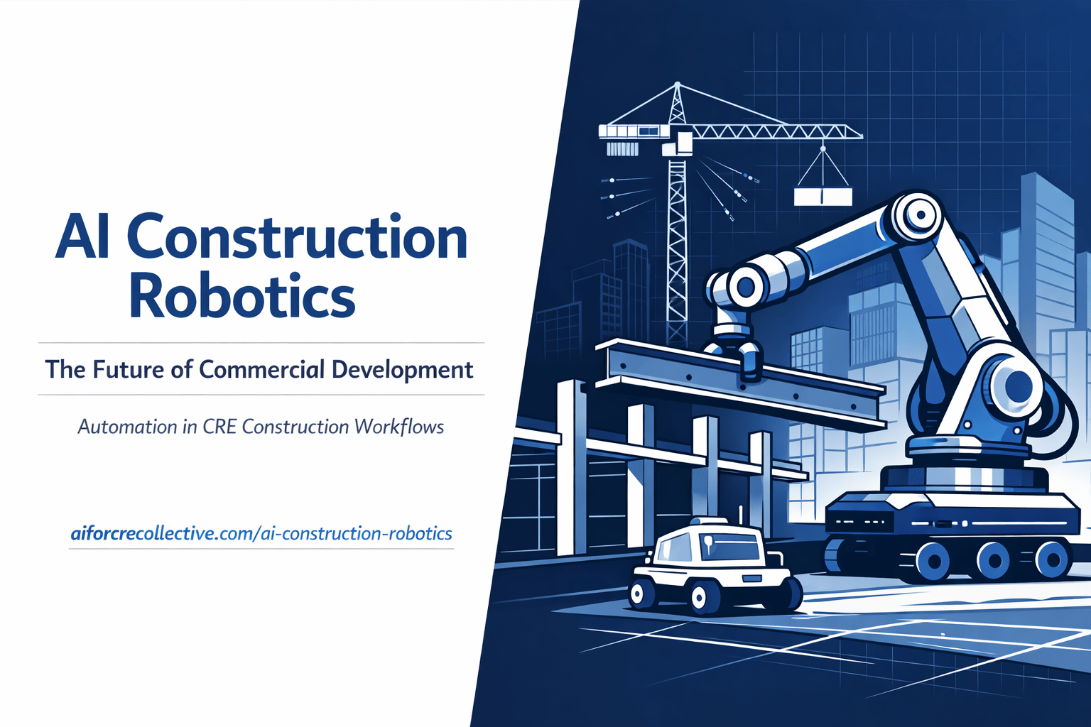 Minimalist split-background illustration of robotic arm assembling commercial building structure with crane and autonomous vehicle, representing AI construction robotics in commercial real estate.