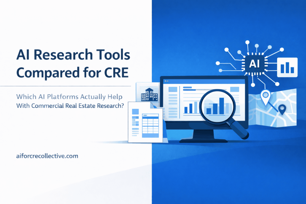 Minimalist split layout feature image showing AI research tools, data dashboard, documents, and CRE analytics illustration in blue and white.