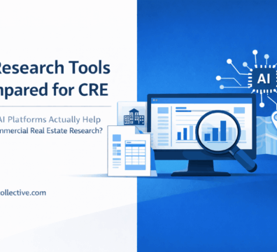 Minimalist split layout feature image showing AI research tools, data dashboard, documents, and CRE analytics illustration in blue and white.