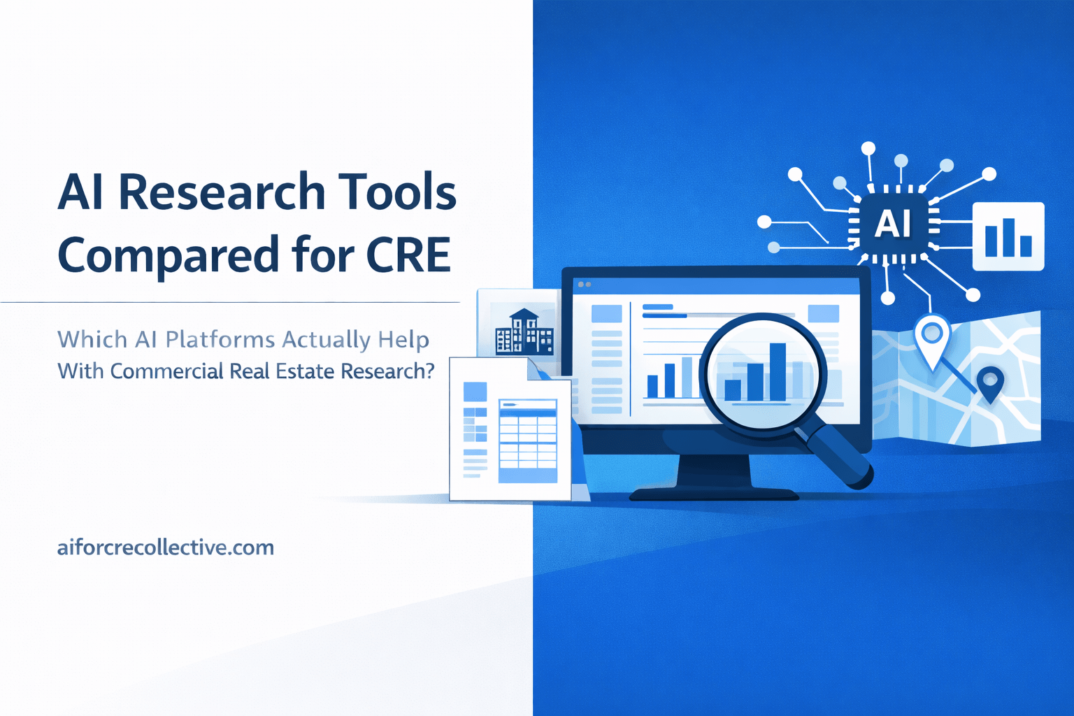 Minimalist split layout feature image showing AI research tools, data dashboard, documents, and CRE analytics illustration in blue and white.