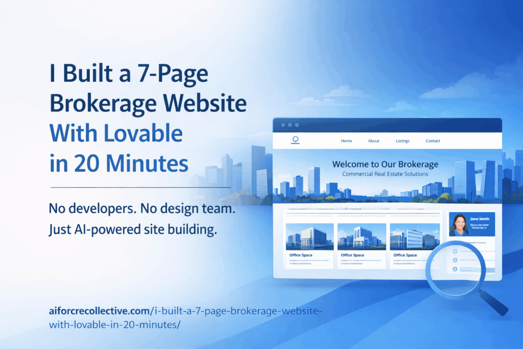 Minimalist split blue and white feature image showing a laptop displaying a CRE brokerage website built in 20 minutes using Lovable.