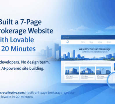 Minimalist split blue and white feature image showing a laptop displaying a CRE brokerage website built in 20 minutes using Lovable.