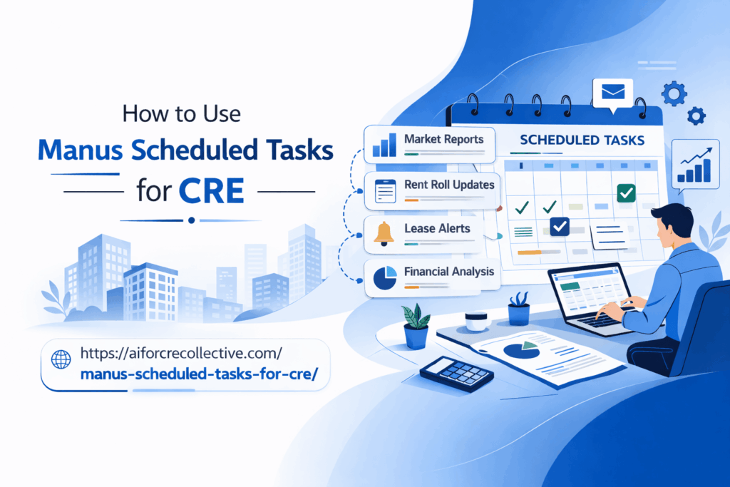 A clean, illustrated feature image showing how CRE teams can use Manus scheduled tasks to automate market reports, rent roll updates, lease alerts, and financial tracking.