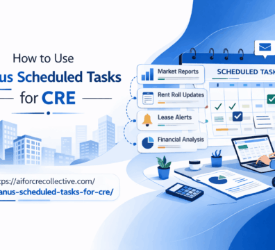 A clean, illustrated feature image showing how CRE teams can use Manus scheduled tasks to automate market reports, rent roll updates, lease alerts, and financial tracking.