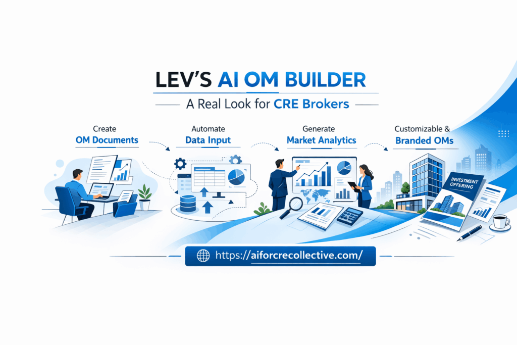Simple infographic showing LEV’s AI OM Builder for CRE brokers with a clean blue and white design.