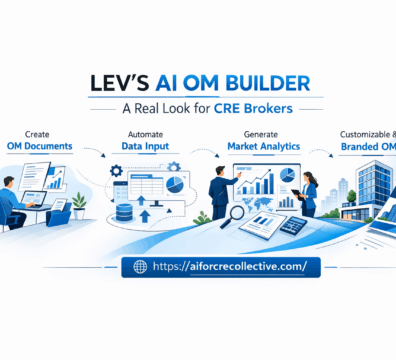 Simple infographic showing LEV’s AI OM Builder for CRE brokers with a clean blue and white design.