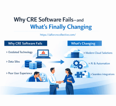 Minimalist illustrated feature image showing why CRE software fails and what’s finally changing, with centered design and blue-white layout.