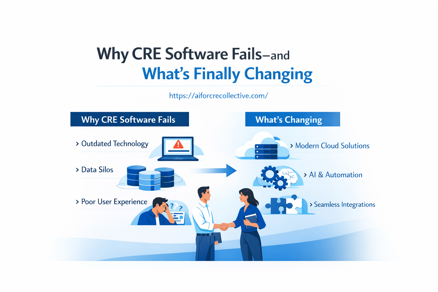 Minimalist illustrated feature image showing why CRE software fails and what’s finally changing, with centered design and blue-white layout.