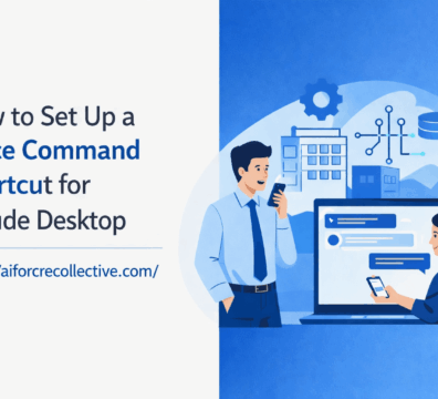 Professional minimalist feature image showing “How to Set Up a Voice Command Shortcut for Claude Desktop” with a blue-and-white illustrated workspace and voice interaction concept.