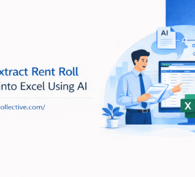 Professional minimalist feature image illustrating how to extract rent roll data from an OM into Excel using AI with a clean blue-and-white CRE workflow design.