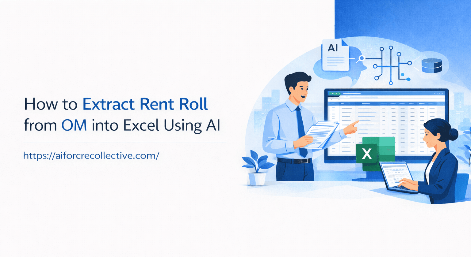Professional minimalist feature image illustrating how to extract rent roll data from an OM into Excel using AI with a clean blue-and-white CRE workflow design.