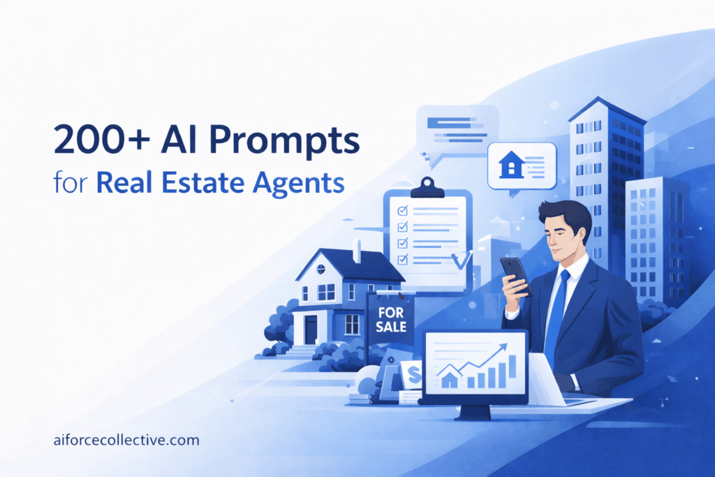 Feature image for the blog “200+ AI Prompts for Real Estate Agents” showing a professional real estate agent with property listings, checklist, and analytics dashboard on a clean blue and white background.