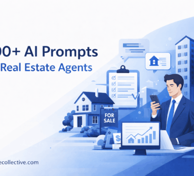 Feature image for the blog “200+ AI Prompts for Real Estate Agents” showing a professional real estate agent with property listings, checklist, and analytics dashboard on a clean blue and white background.