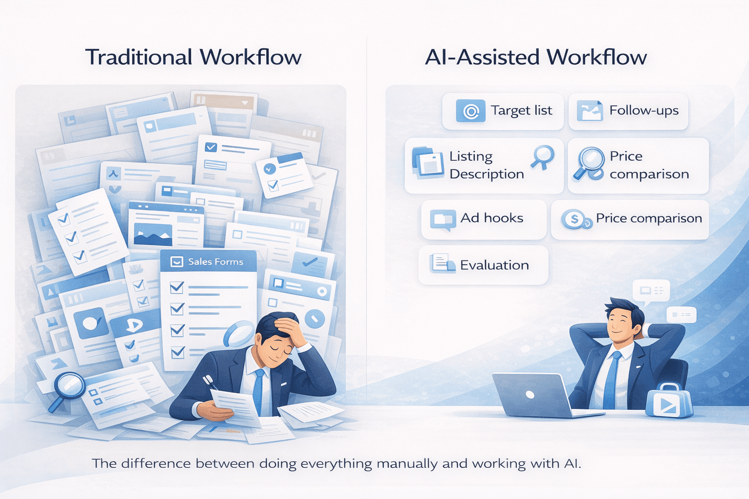 Infographic comparing traditional real estate workflow with AI-assisted workflow using a clean white background and soft blue interface elements.