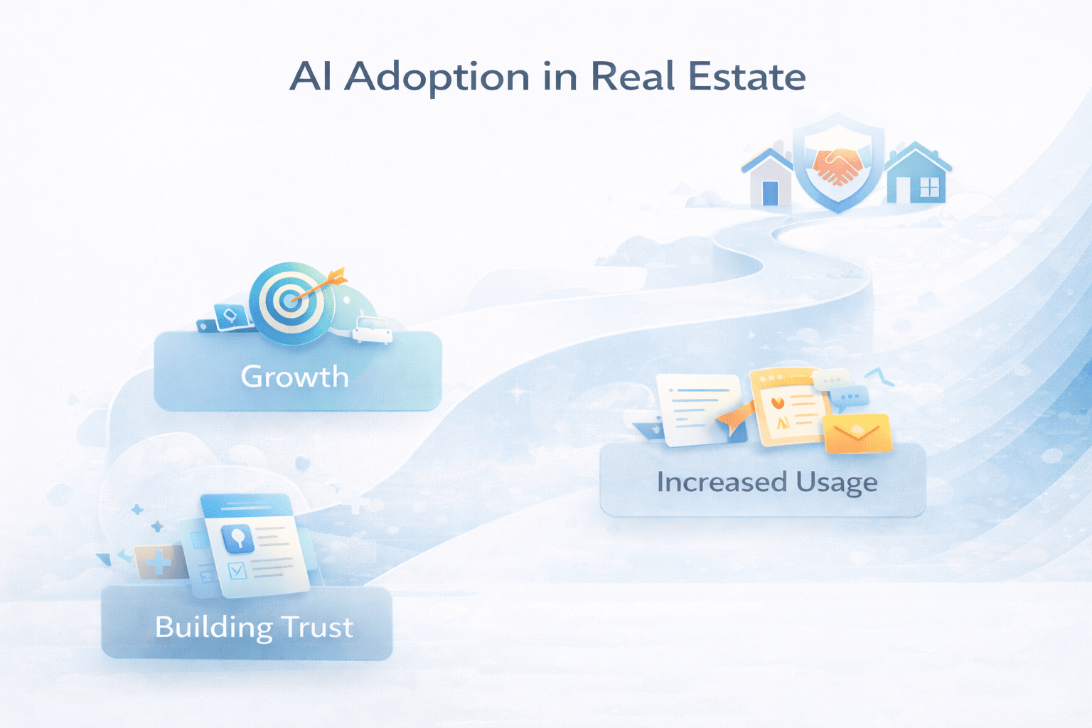 Infographic showing AI adoption in real estate highlighting growth, increased usage, and building trust with a clean white and light blue professional design.
