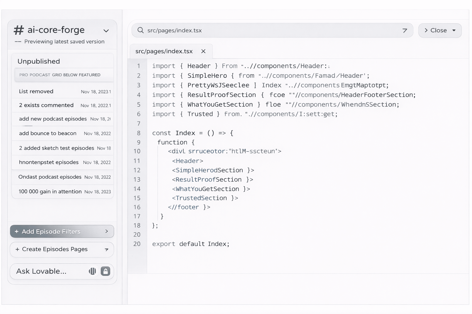 Minimalist code editor dashboard showing ai-core-forge sidebar with unpublished updates and a clean code panel in a simple grayscale interface.