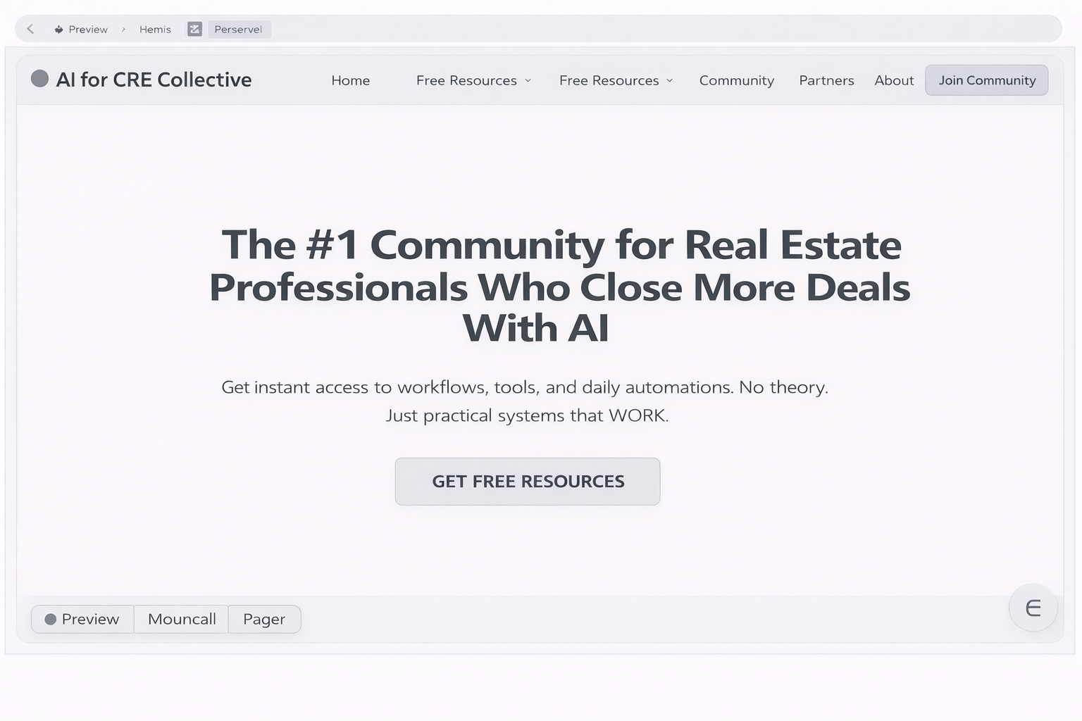 Minimalist homepage interface for AI for CRE Collective showing a clean hero section with headline, simple navigation bar, and a clear call-to-action button.
