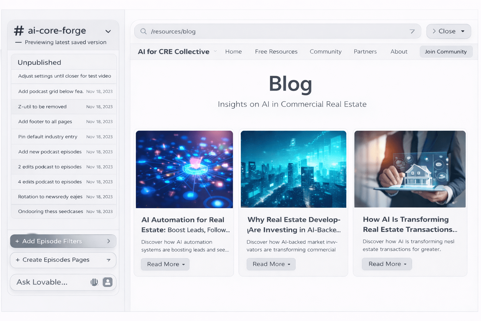 Minimalist blog dashboard showing ai-core-forge sidebar with unpublished updates and three full-color blog post cards in a clean grayscale interface.
