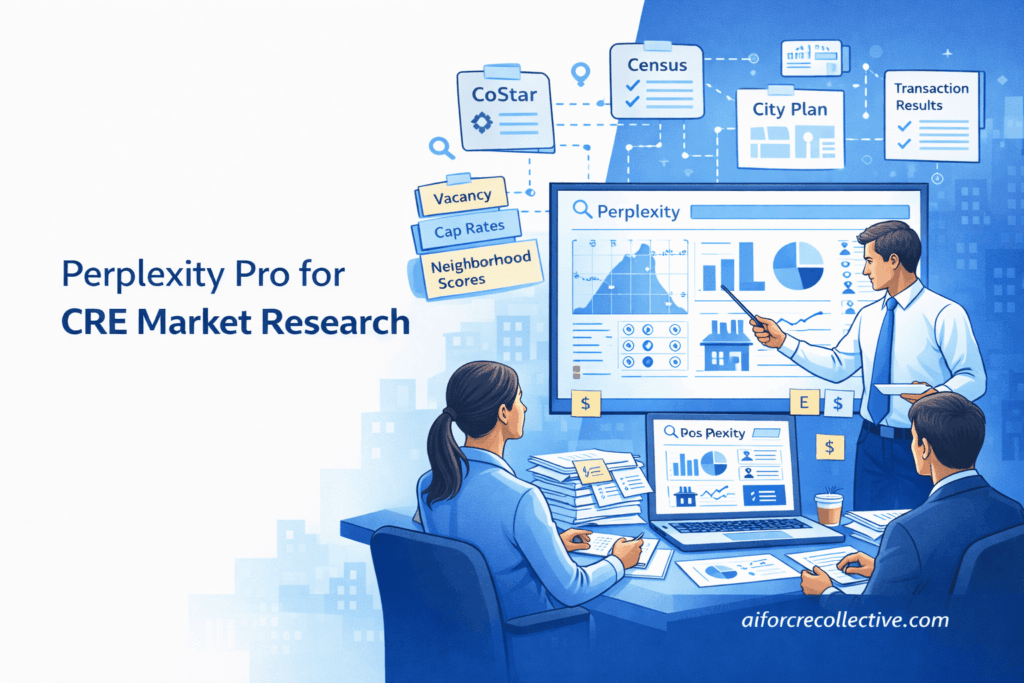 Illustrated feature image showing CRE professionals reviewing market research data using Perplexity Pro in a clean blue and white office setting.