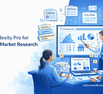 Illustrated feature image showing CRE professionals reviewing market research data using Perplexity Pro in a clean blue and white office setting.