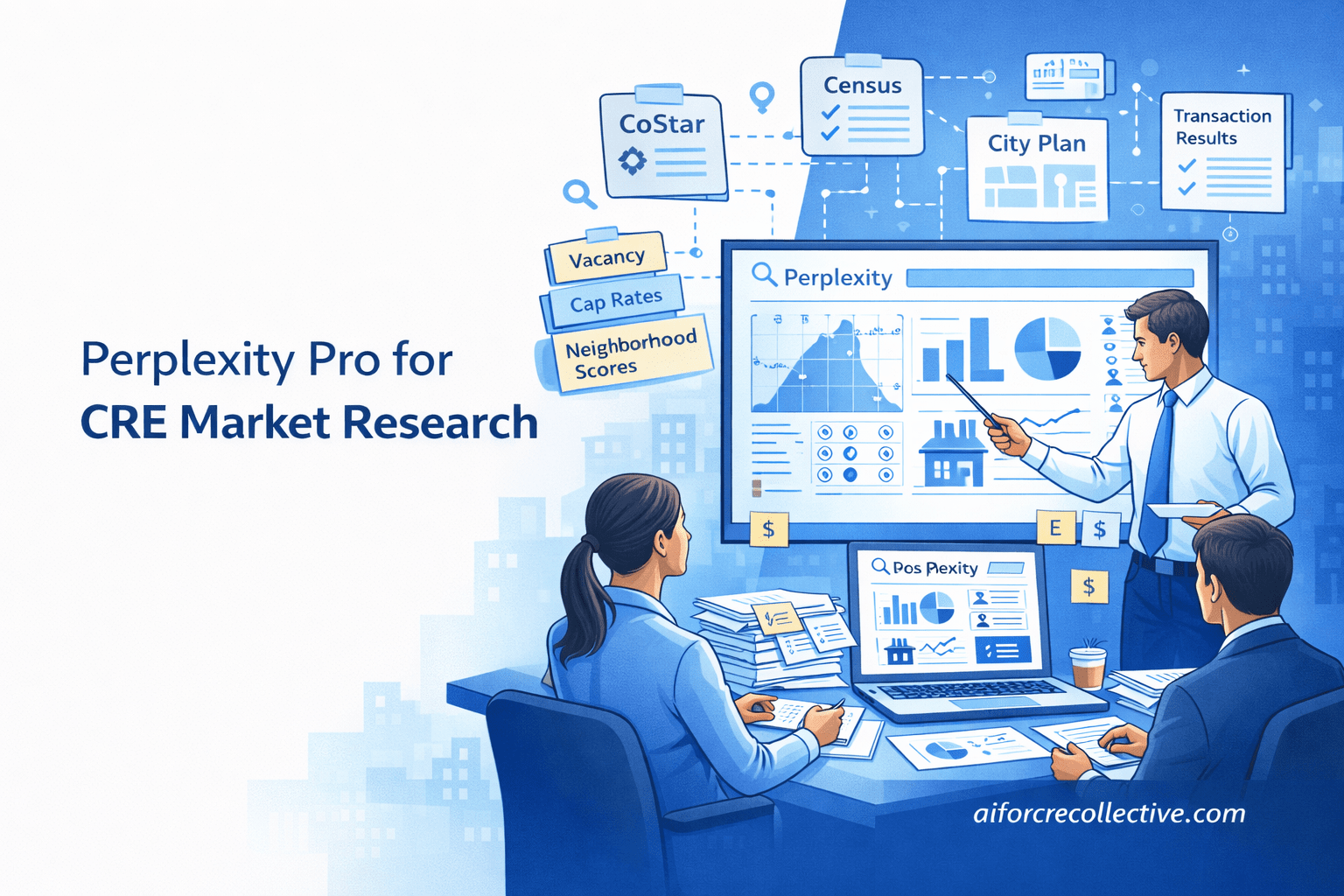 Illustrated feature image showing CRE professionals reviewing market research data using Perplexity Pro in a clean blue and white office setting.