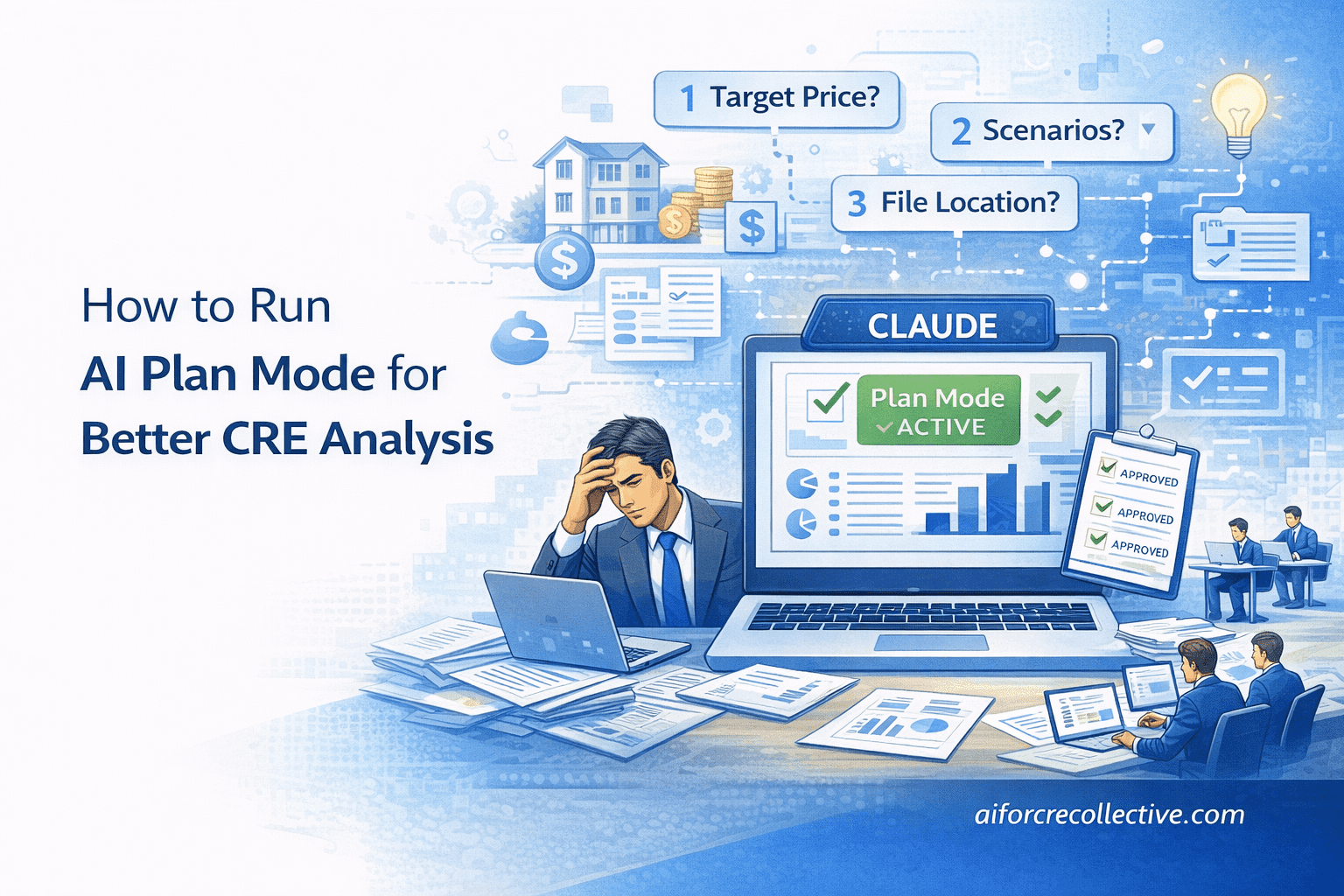 Illustrated feature image showing CRE professionals planning deal analysis using AI plan mode to improve underwriting accuracy.