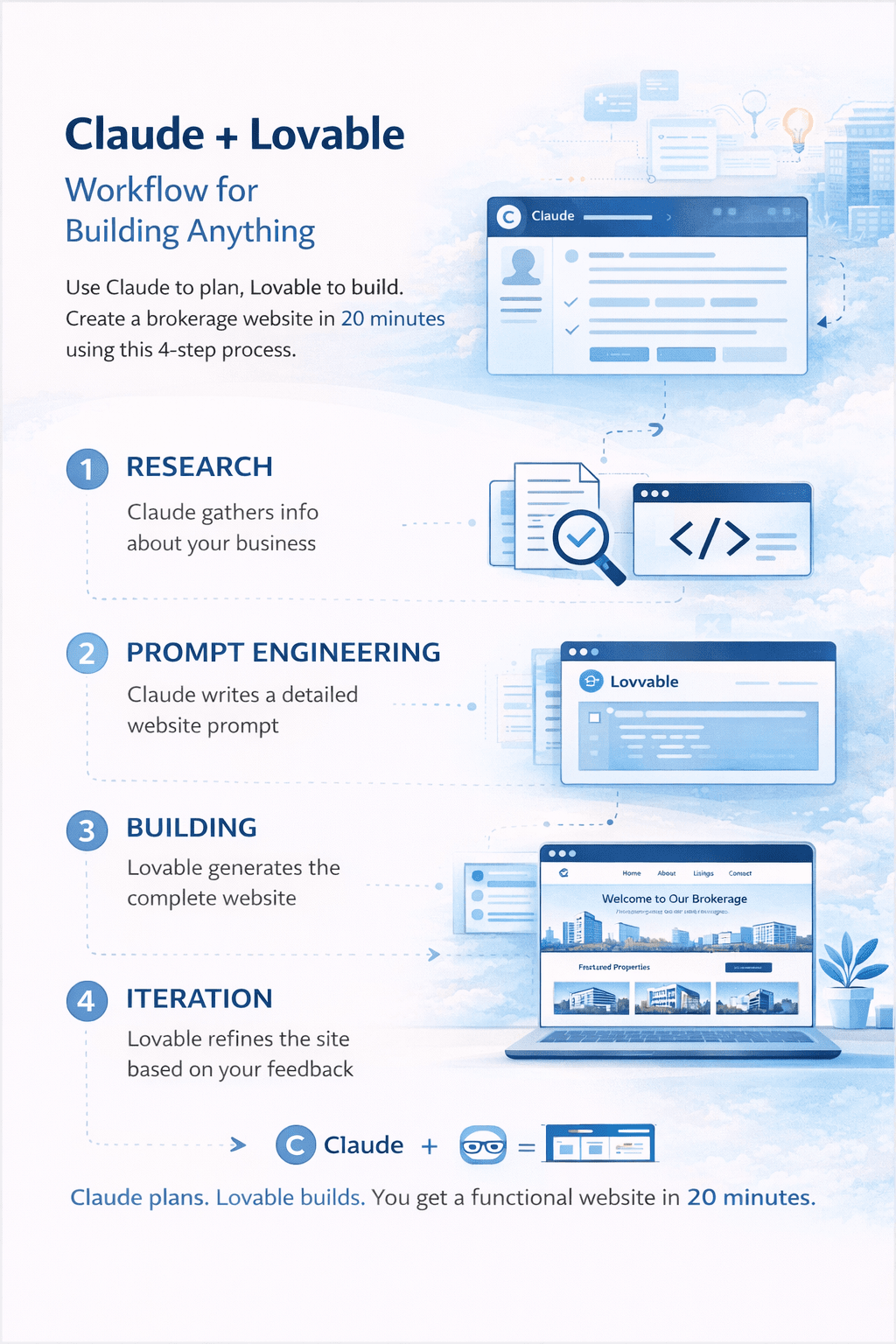 Infographic showing the Claude and Lovable four-step workflow including research, prompt engineering, website building, and iteration for creating a brokerage website.