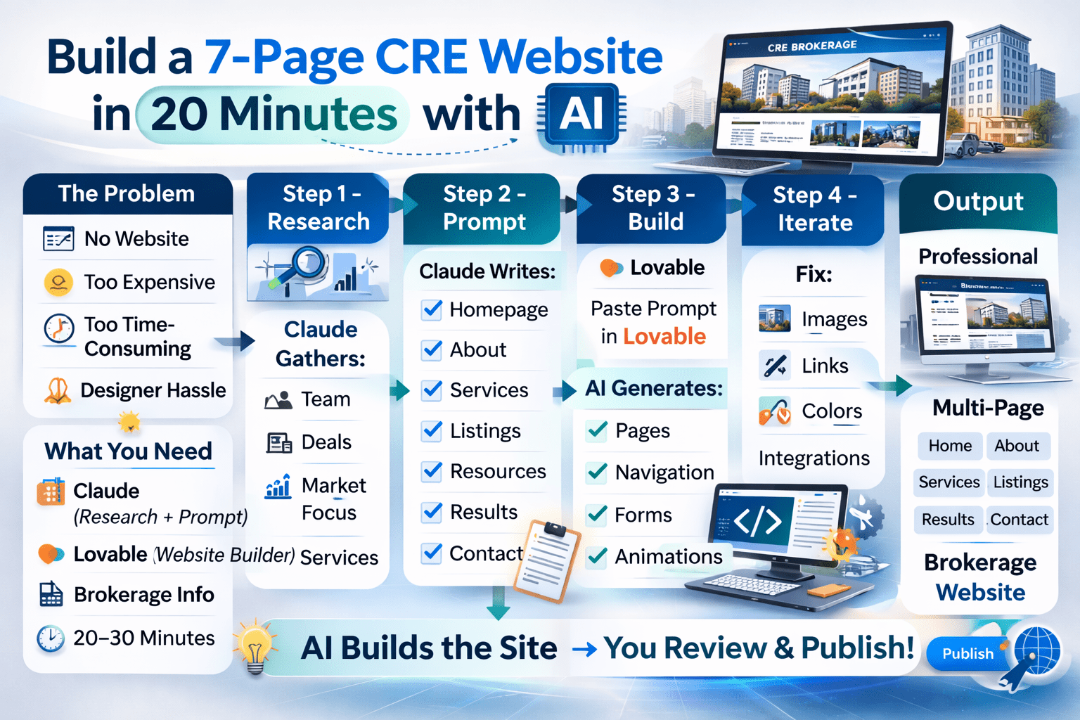 Landscape infographic showing the step-by-step AI workflow for building a CRE brokerage website, including research, prompt creation, website generation, and iteration.
