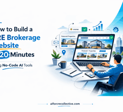 Feature image showing a commercial real estate broker building a professional brokerage website using no-code AI tools, with a side-aligned heading and a laptop displaying a CRE website layout in a blue and white minimalist design.