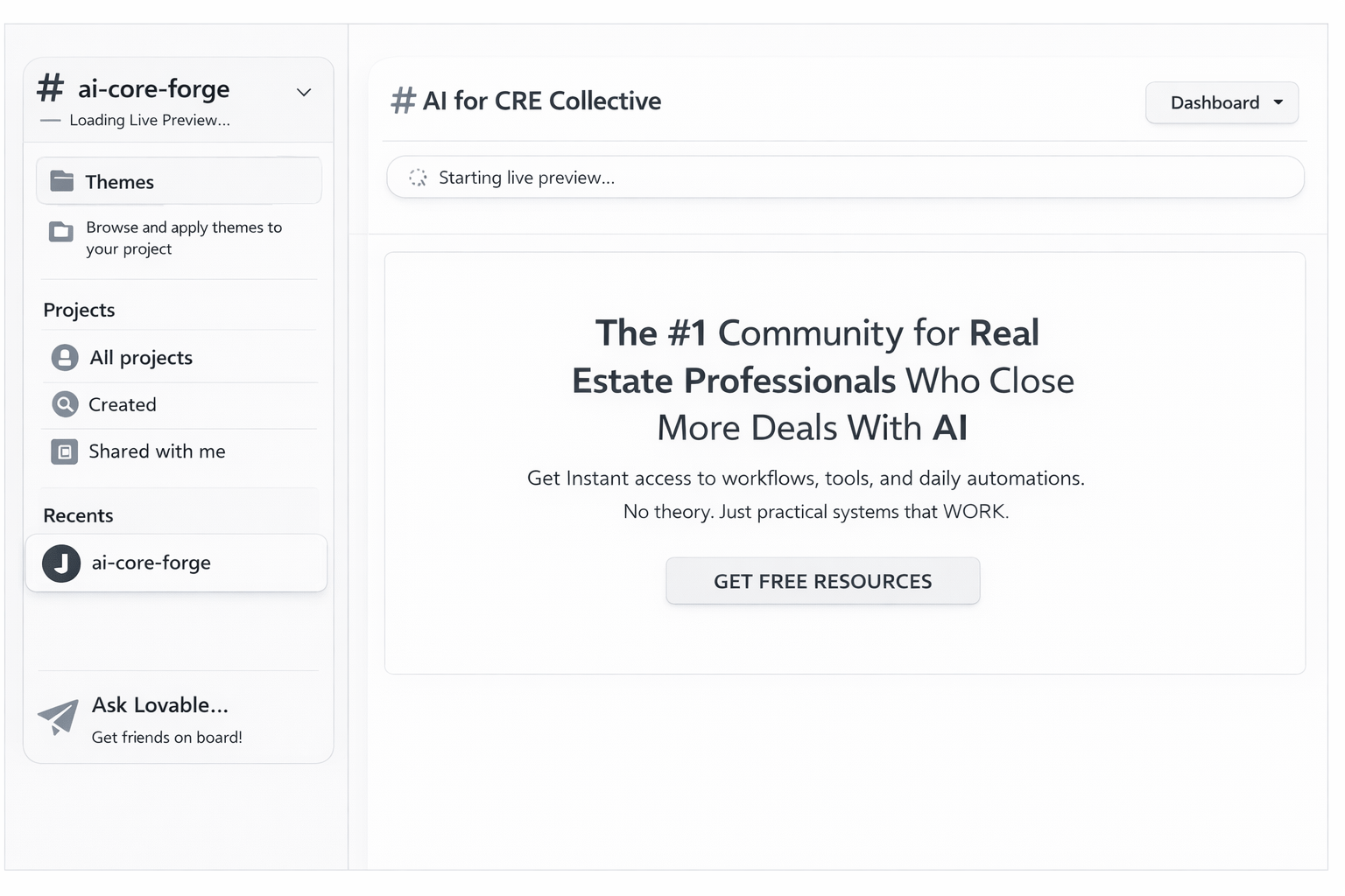Minimal and clean AI dashboard interface showing ai-core-forge project panel with a simple sidebar, live preview bar, and resource section in a neutral grayscale layout.