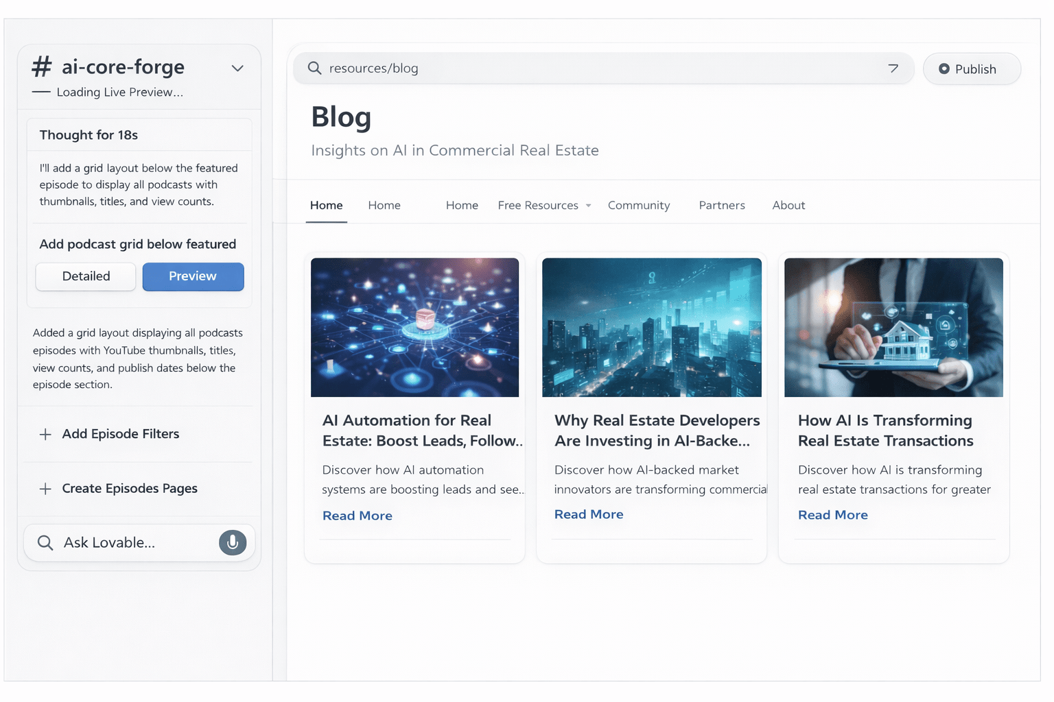 Minimalist AI blog dashboard showing ai-core-forge sidebar, clean navigation menu, and three blog post cards in a simple grayscale interface.