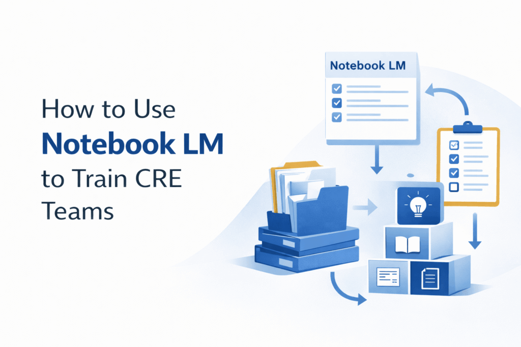 Minimalist feature image showing a structured training workflow with documents, checklists, and knowledge blocks for “How to Use Notebook LM to Train CRE Teams.