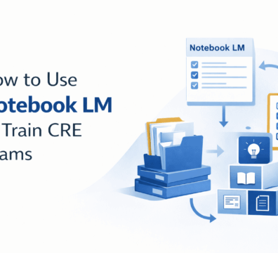 Minimalist feature image showing a structured training workflow with documents, checklists, and knowledge blocks for “How to Use Notebook LM to Train CRE Teams.