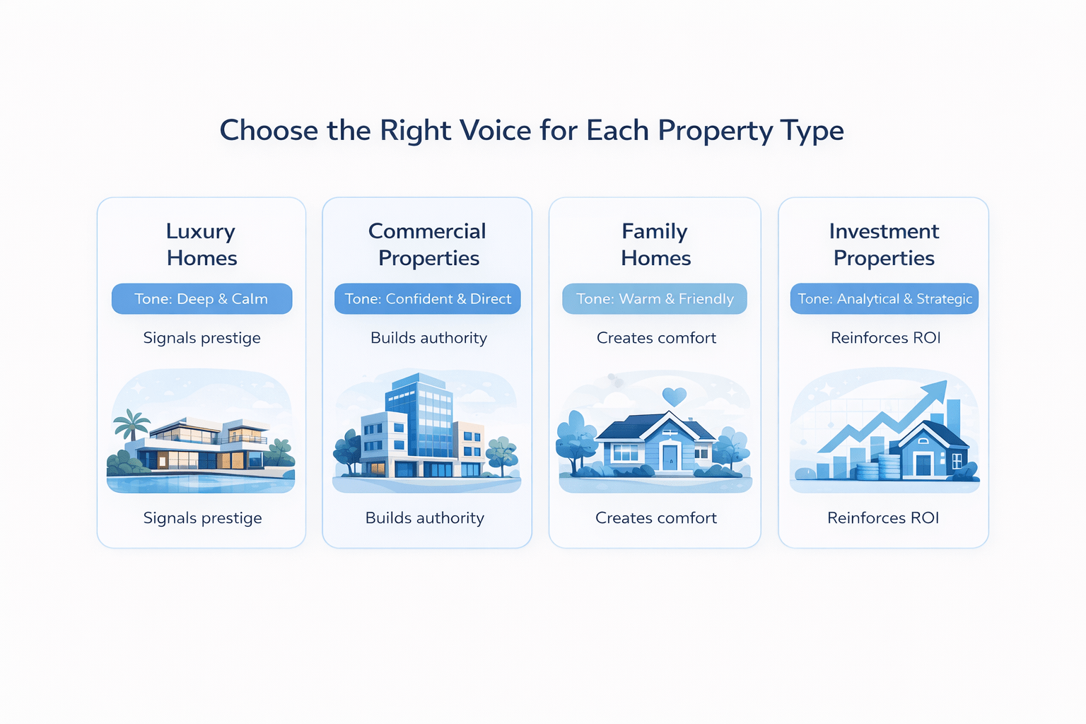 Minimal blue and white infographic for 11 Labs for Realtors showing property types with appropriate marketing voice for luxury, commercial, family, and investment real estate listings.