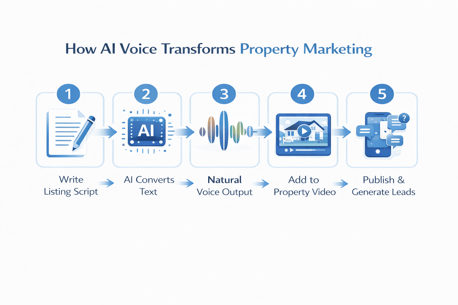 Minimal white and blue infographic for 11 Labs for Realtors showing how AI voice converts listing scripts into natural voiceovers for property marketing videos and lead generation.