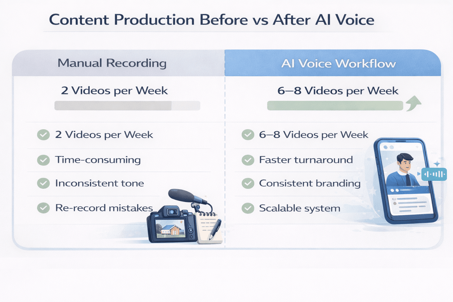 Minimal blue and white comparison by 11 Labs for Realtors showing content production before and after using AI voice for real estate marketing videos.