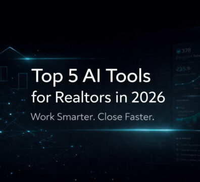 Feature banner highlighting top five AI tools for realtors in 2026, emphasizing productivity improvement, marketing automation, and faster property sales.