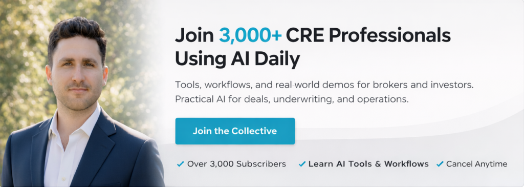 Professional banner inviting 3,000+ CRE professionals to join an AI community, highlighting practical tools, workflows, real-world demos, and a clear Join the Collective button.