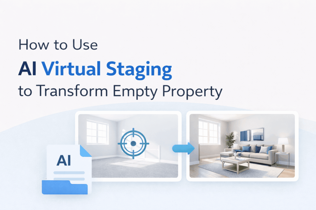 AI virtual staging example showing an empty room transformed into a fully furnished property listing.
