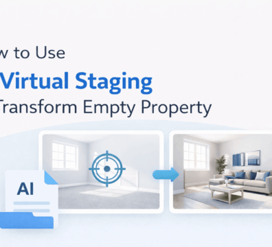 AI virtual staging example showing an empty room transformed into a fully furnished property listing.