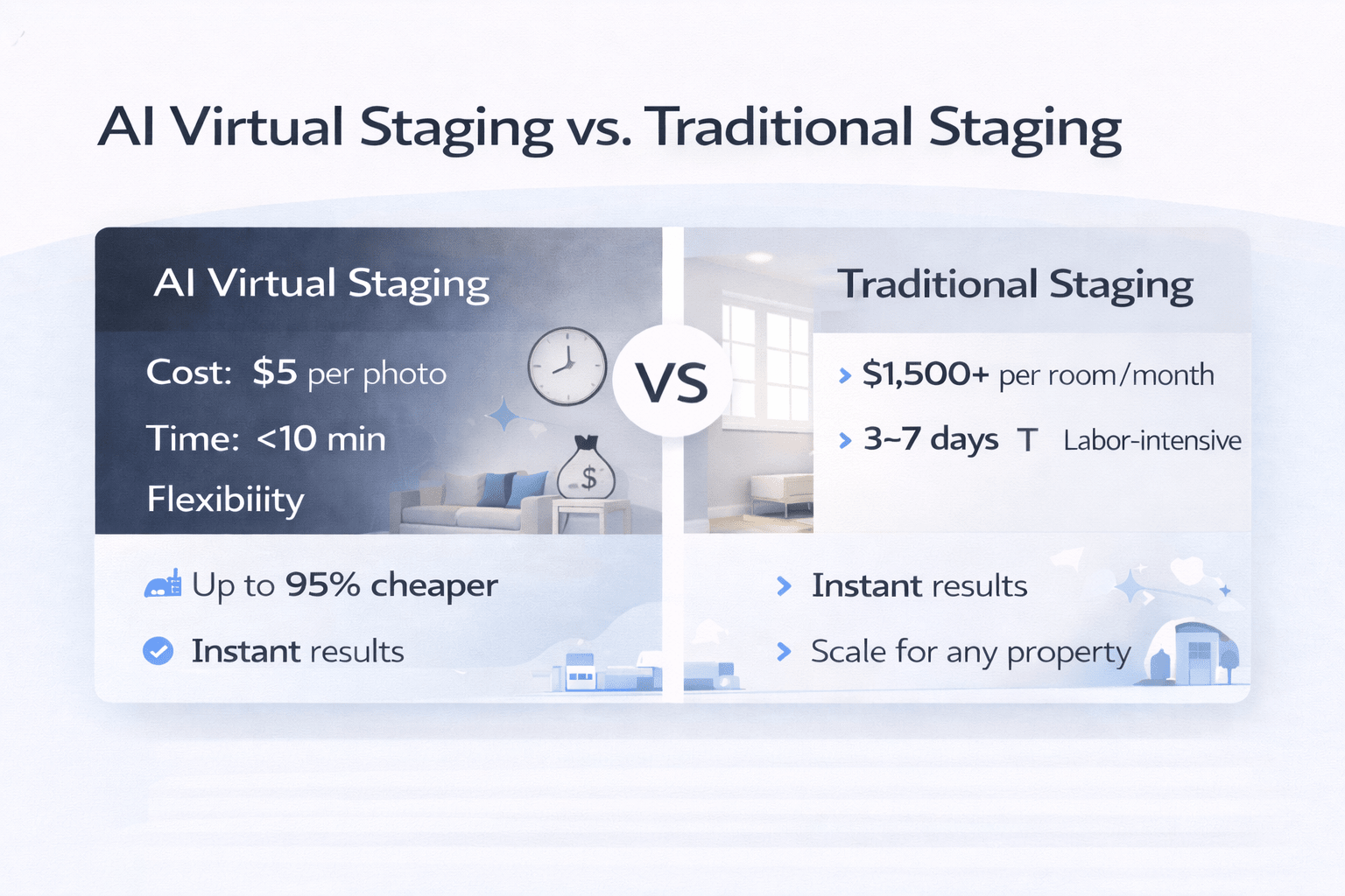 Comparison of AI virtual staging and traditional staging showing cost and time differences.