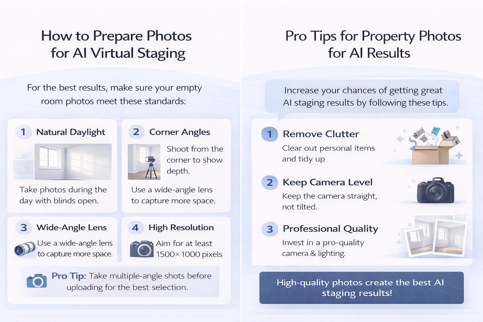 Tips for preparing property photos for AI virtual staging including natural light, corner angles, and high resolution.